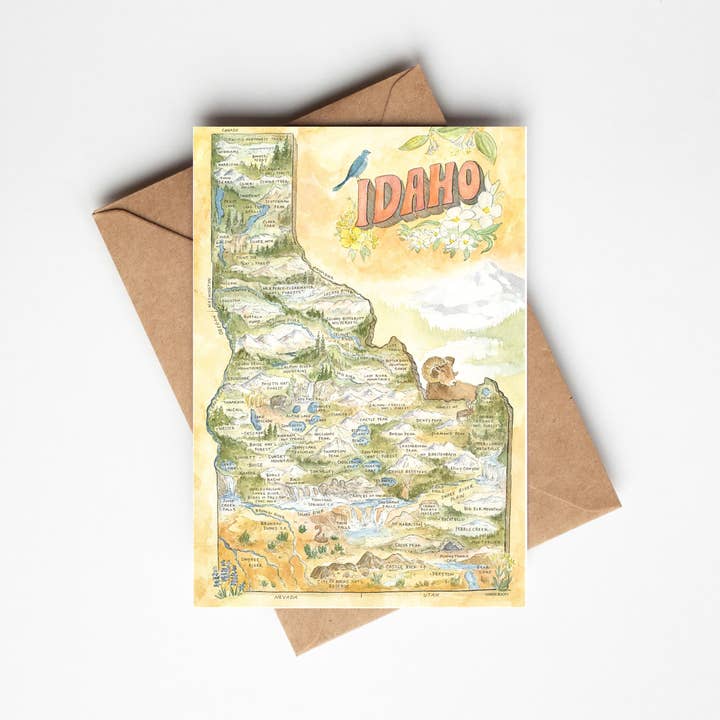 Idaho State Map Greeting Card for wholesale by Hiker Booty