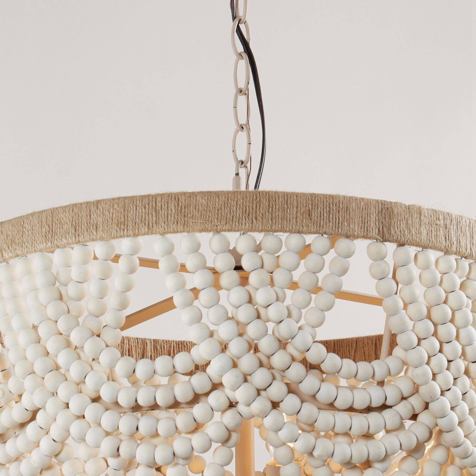 Off White Lusteria 20" Wood Bead 4-Light Tiered Coastal Chandelier for wholesale on Faire8