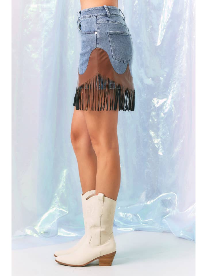 Blue On The List Denim Mini Skirt With Fringe for wholesale on Faire3