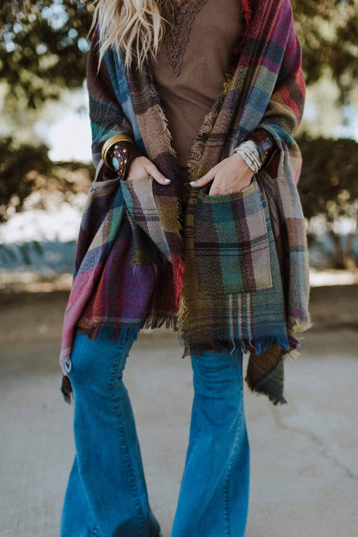 Cozy Plaid Pocket Ruana Wrap - Fuchsia for wholesale on Faire5