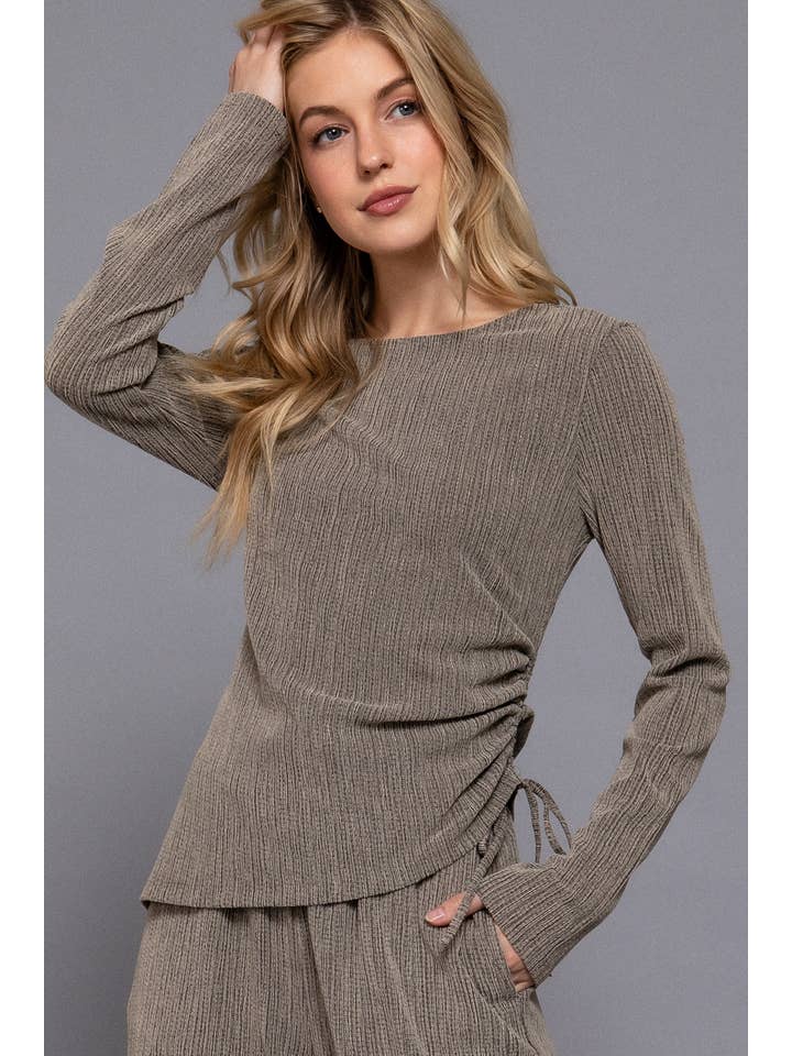Active Basic | Active USA - Wholesale Knit Top - Women's - Long Sleeve Round Neck Side Ruched Two Tone Texture Knit Top