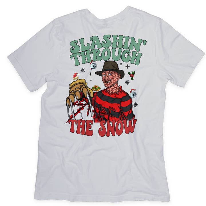 Camiseta navideña de Freddy Krueger de Slashing Thru The Snow Horror para venta al por mayor de Ink'd Worx by Design