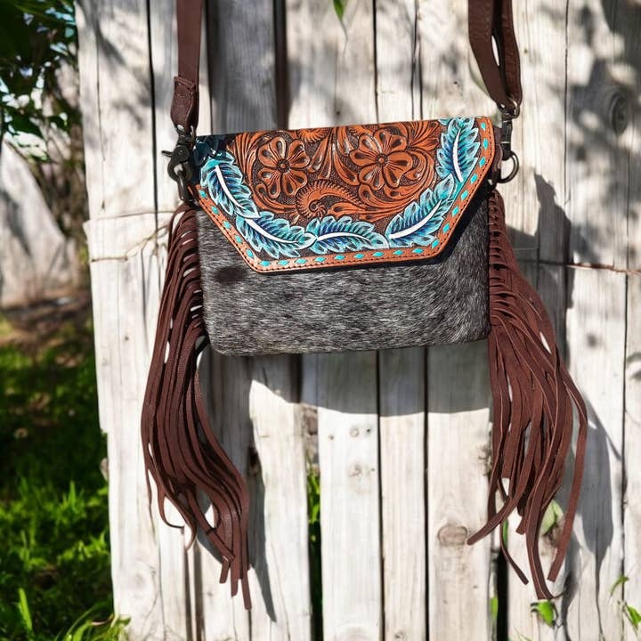 Western Linens - Wholesale Crossbody Bag - Women's - Tooled Leather turquoise Feathers Cowhide Crossbody Fringe