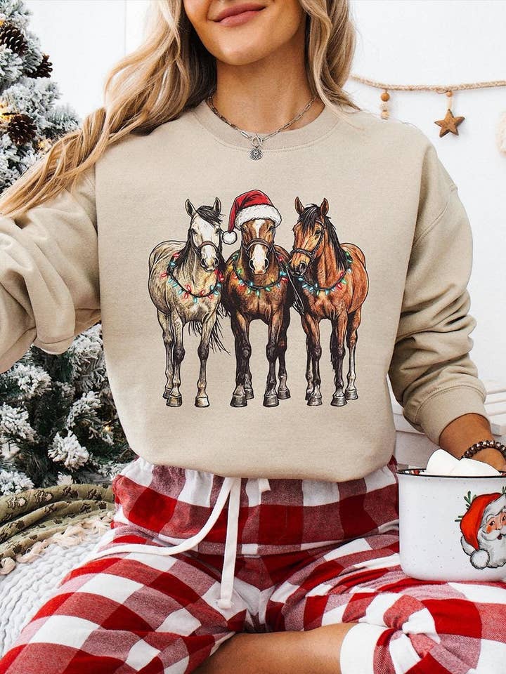 NVC Ecommerce LLC - Wholesale T-Shirt (Graphic) - Women's - Christmas Horses Sweatshirt, Cowboy Christmas Shirt