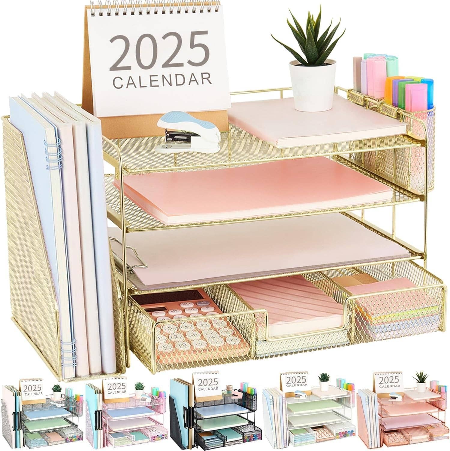 Gold 4 Tier Paper Tray Organizer With Drawer For Office Use for wholesale on Faire0