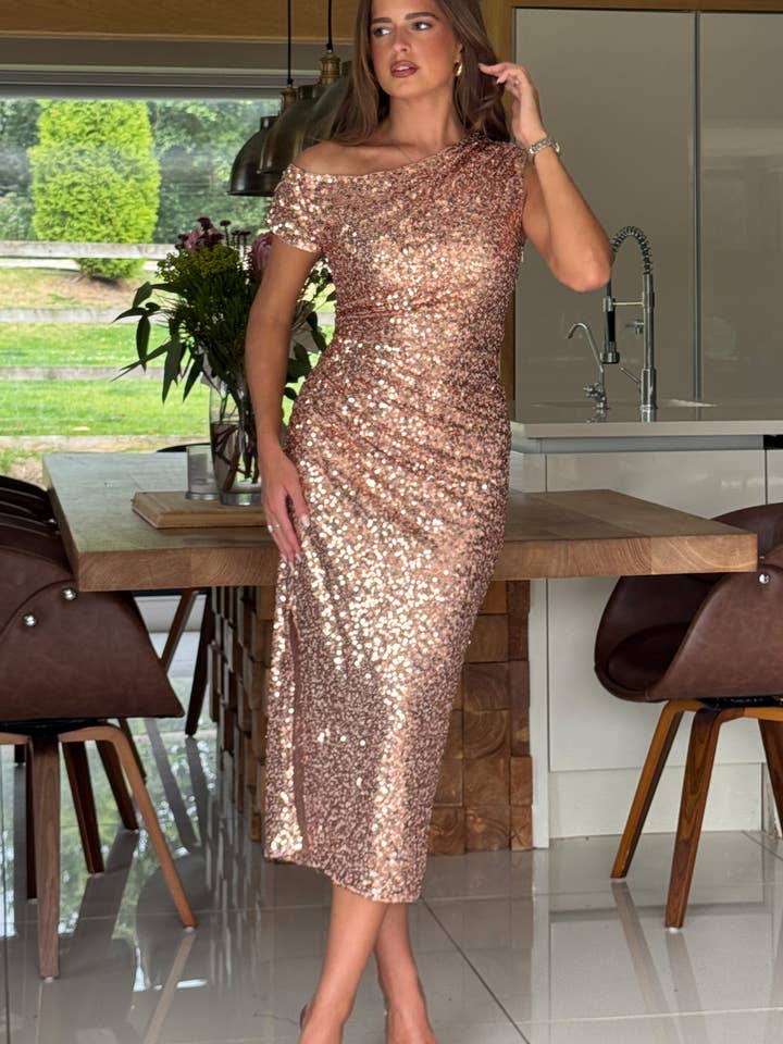 Donna Asymmetric Gold Sequin Maxi Dress for wholesale by Girl in mind
