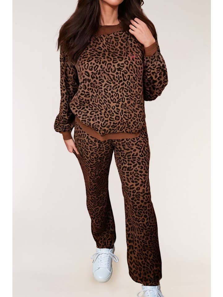 Brown Leopard Print Contrast Trim Long Sleeve Top and Pants Set for wholesale on Faire