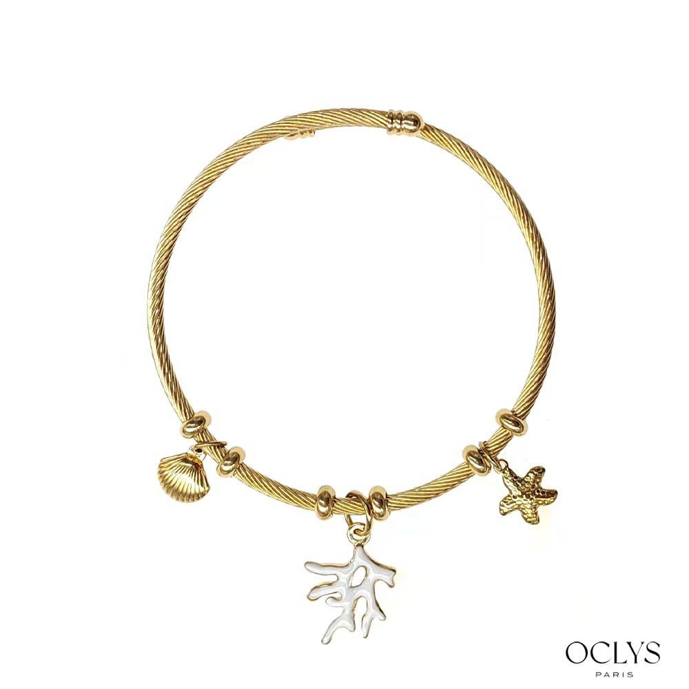 Oclys - Wholesale Charm/Dangle Bracelet - Twisted bangle bracelet with coral charms in stainless steel Livi1