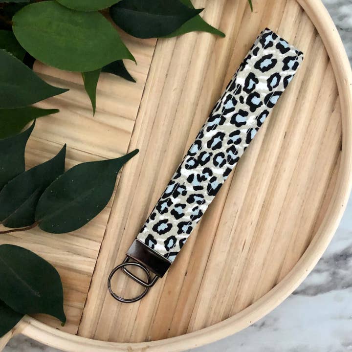 Chaveiro de pulseira de tecido com estampa de leopardo cinza/branco/azul, chaveiro por atacado de MDStickerShop