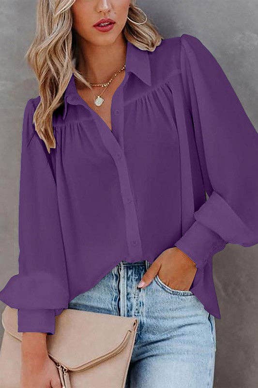 Aria Romance - Wholesale Blouse - Women's - Lantern Sleeve Pleated Collar Shirt7