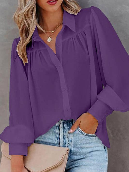 Aria Romance - Wholesale Blouse - Women's - Lantern Sleeve Pleated Collar Shirt7