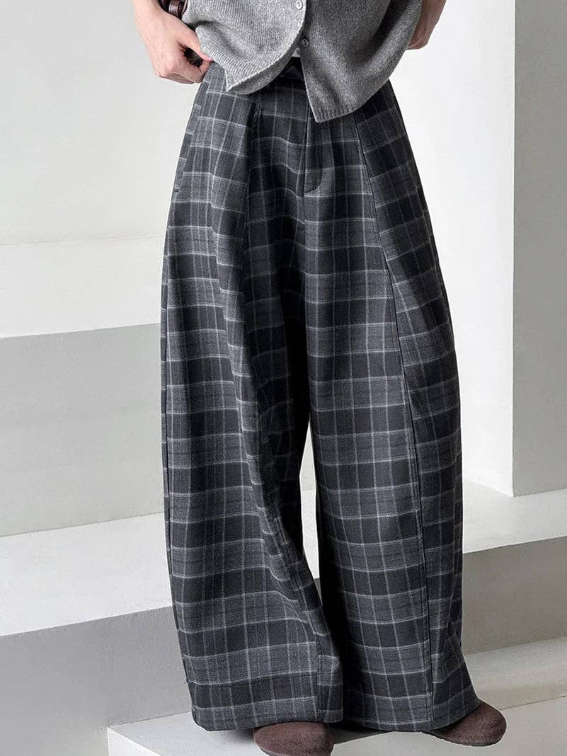 Simple Moderne – Großhandel Hose – Damen – Gotische Karo-Superweite Hose — Graues Fensterkaro4