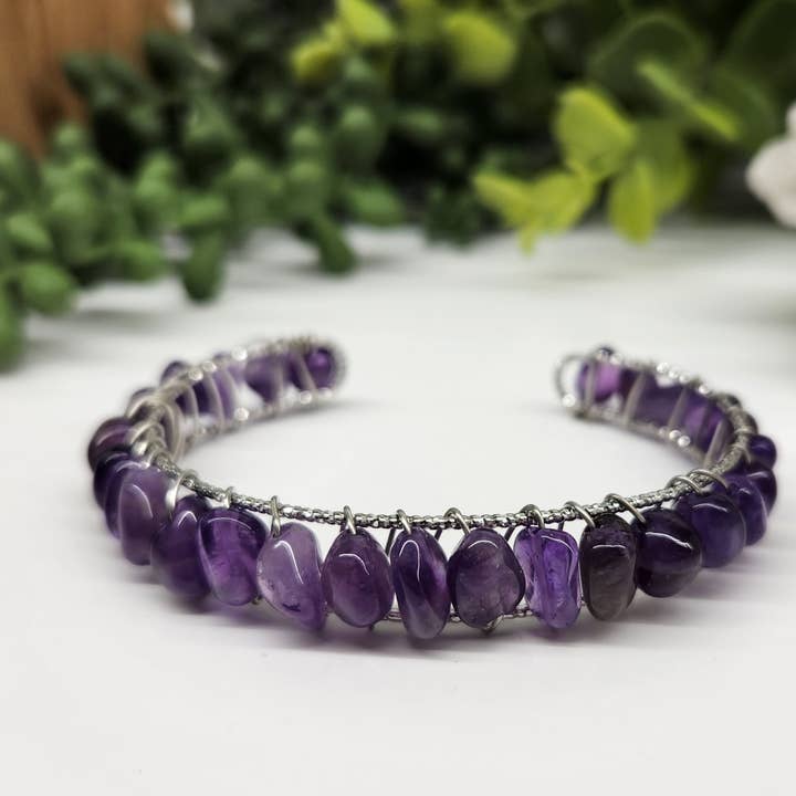 Meraki Gemstones - Wholesale Cuff Bracelet - Amethyst Bangle/Cuff/Wire Wrapped Bracelet-18kt.Gold Overlay