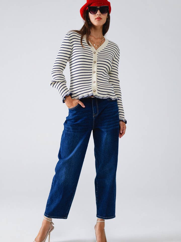 White Striped Cardigan in Cream with Ruffle Trim for wholesale on Faire
