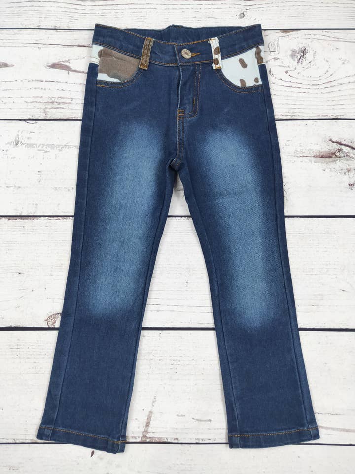 Kids Jeans with Cowhide Printed Pockets for wholesale by sassy kids palace