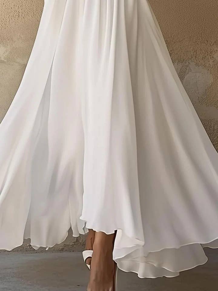 BLANC Robe longue plissée élégante à manches longues en vente sur Faire8