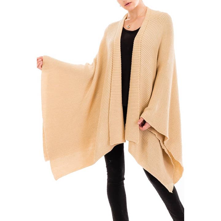 Solid Ribbed Oversized Knitted Poncho for wholesale by Funteze