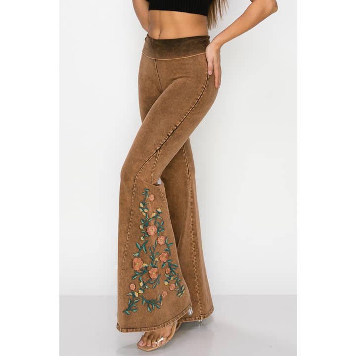 CAMEL Mineral Wash Floral Embroidery Flare Pants for wholesale on Faire0