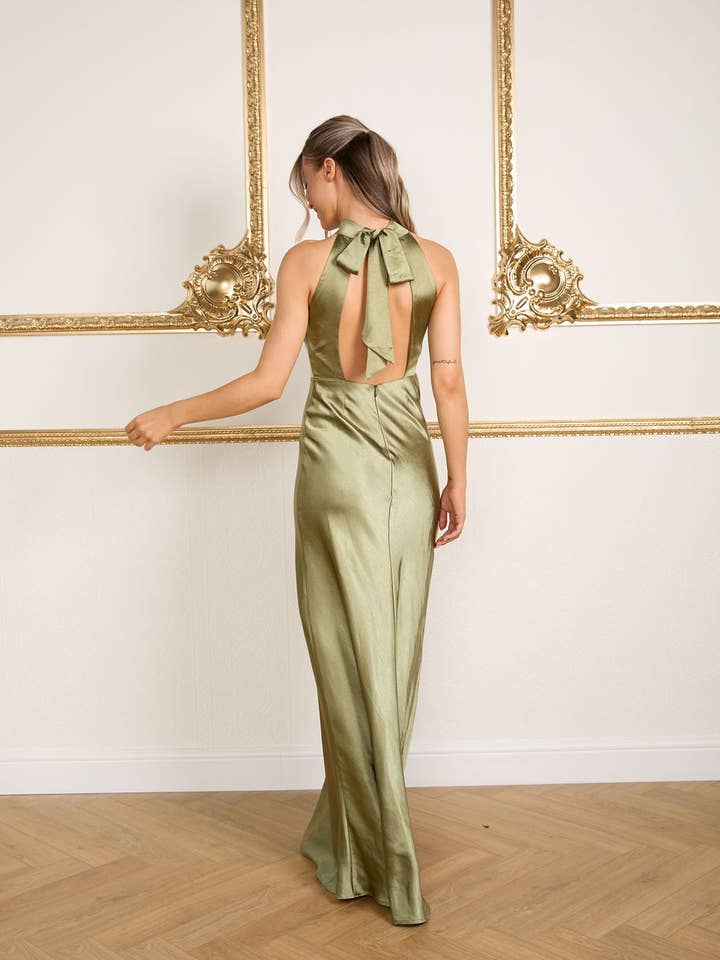 Halter Neck Satin Bridesmaid Dress - Moss Green for wholesale by Six Stories