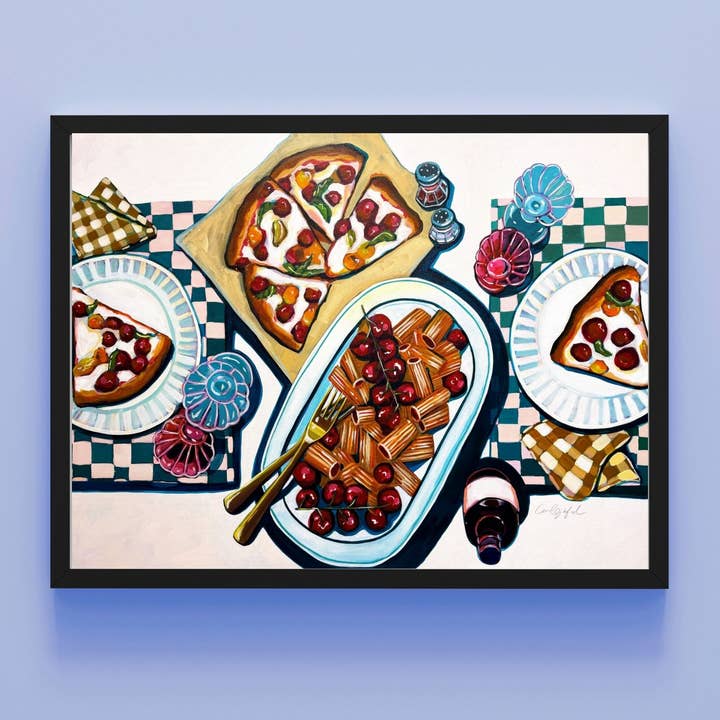 Impression artistique de table de pizza et de pâtes foodie pour la vente par Laurel Greenfield Art