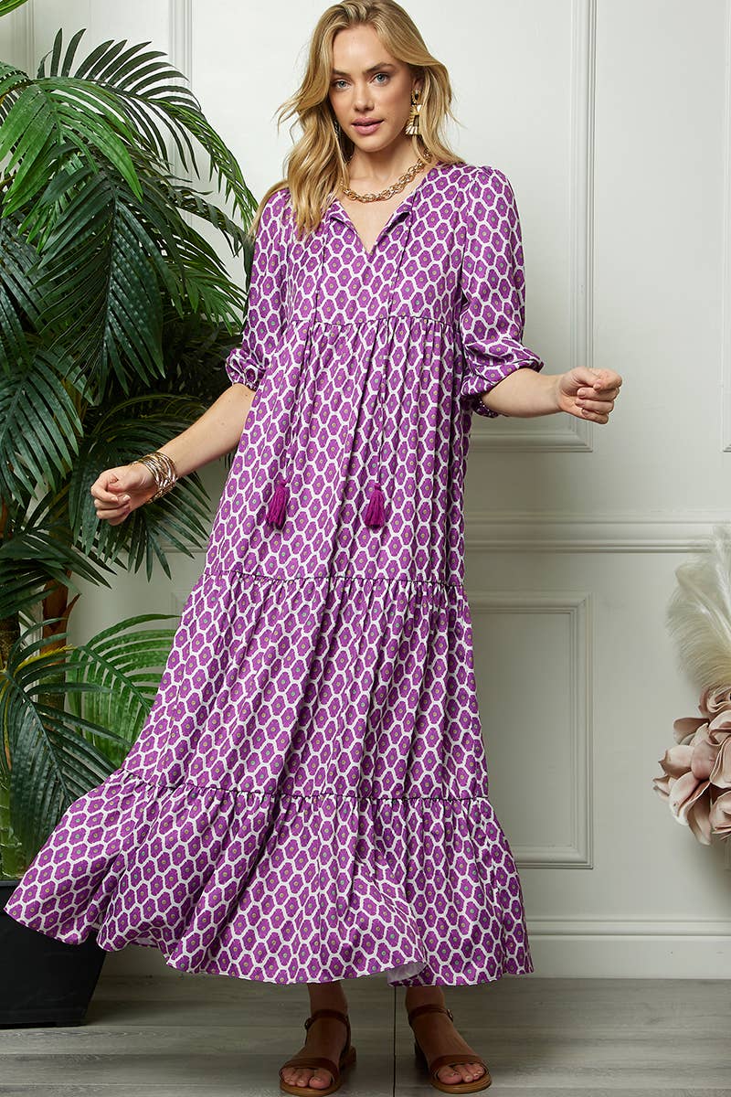 Purple Print Three Quarter Puff Sleeve Maxi Dress for wholesale on Faire6