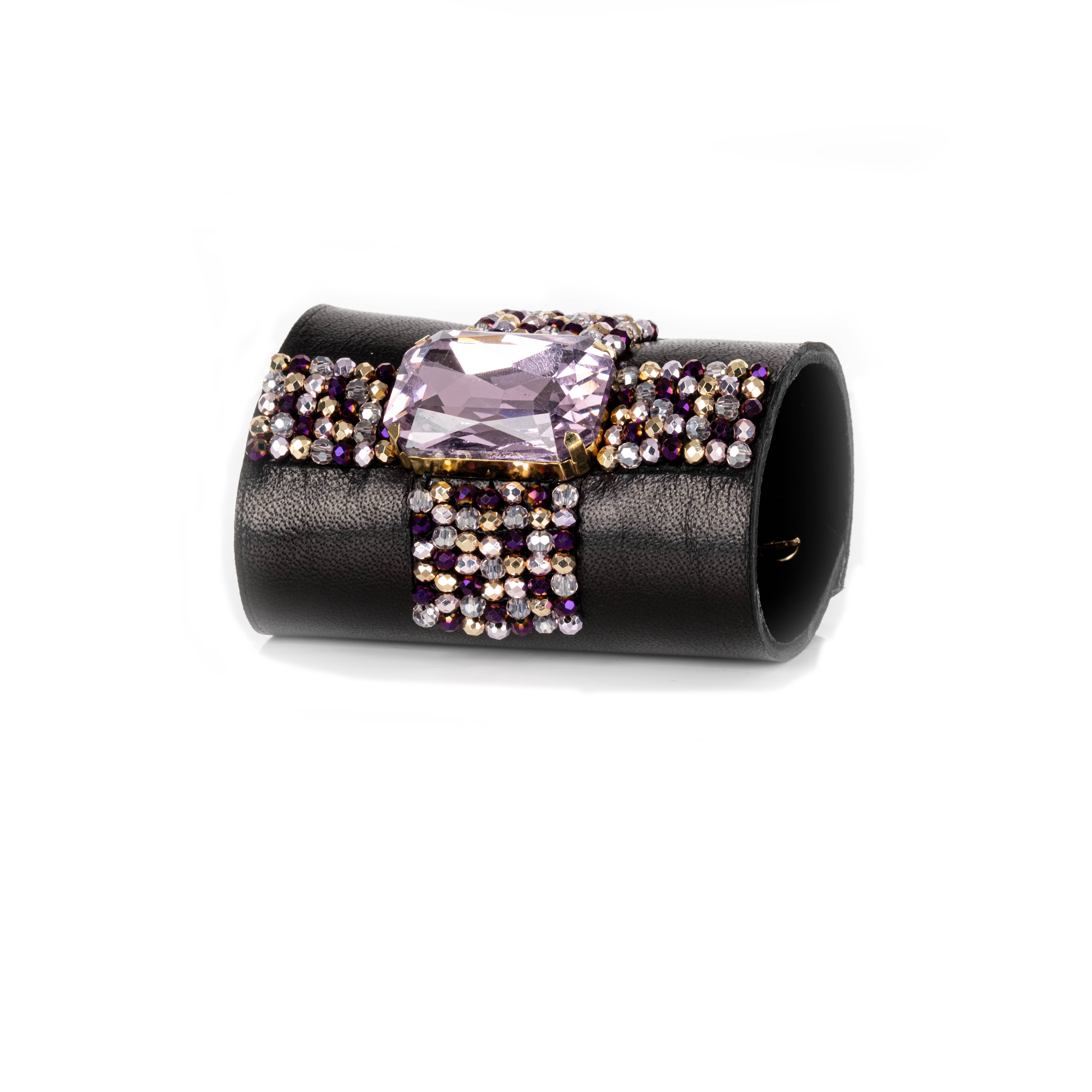 The Dark - Wholesale Cuff Bracelet - Crystal Ribbon Leather Cuff Bracelet Black & Violet Spark
