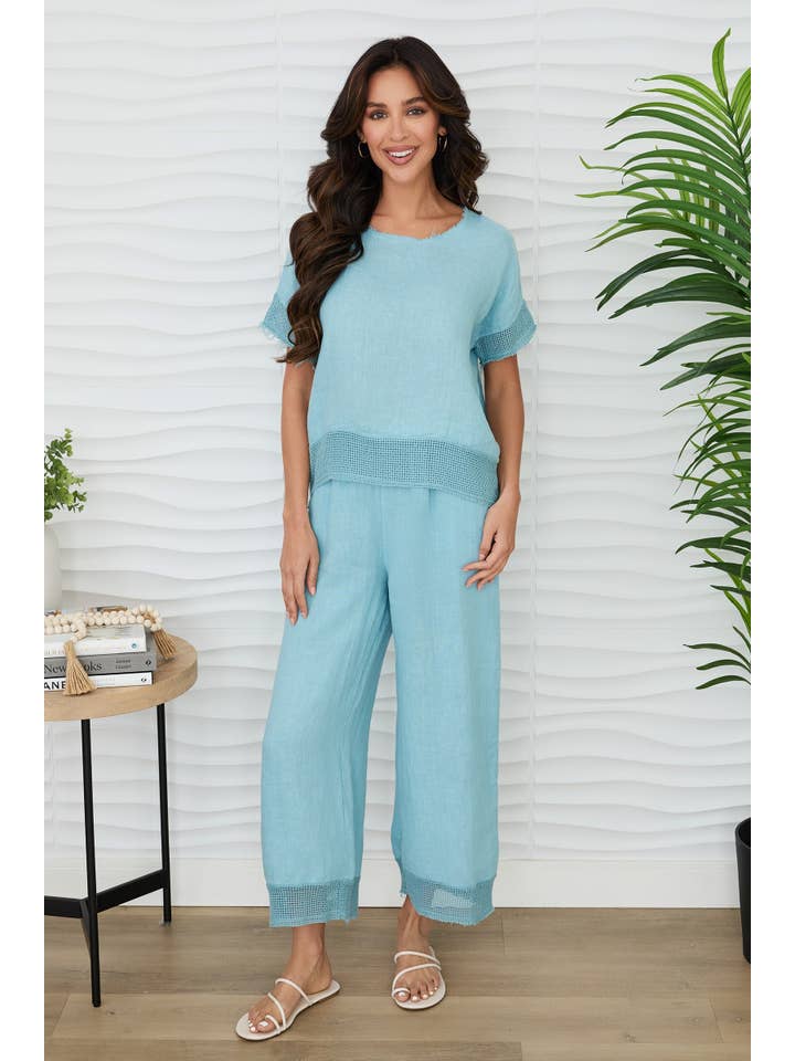 MILIO MILANO - Wholesale Blouse - Women's - MESH SLEEVE/HEM CREW NECK LINEN TOP (13996/155023)7