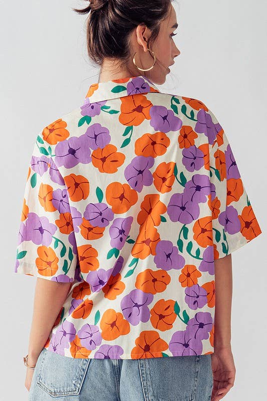 ORANGE LAVENDER HAILEE BUTTON DOWN FLORAL PRINT TOP for wholesale on Faire4