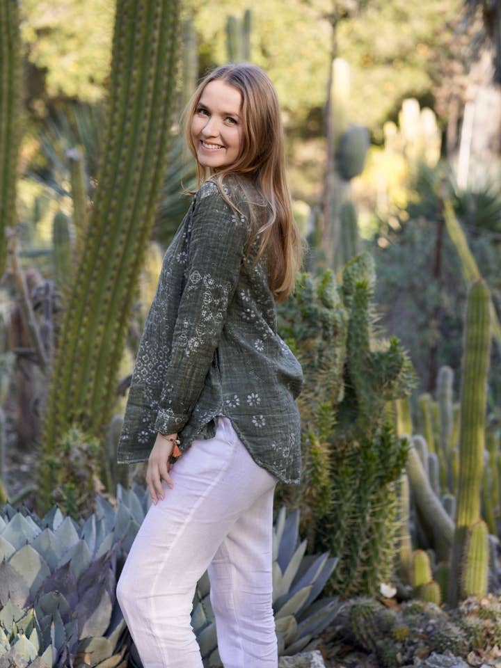 Dolma - Wholesale Blouse - Women's - Jemima Double Gauze Block Printed Top Olive-Silver