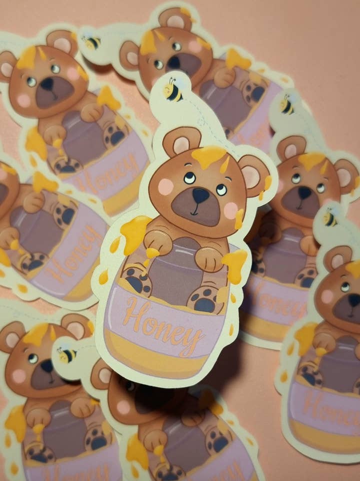 Teddy honey pot sticker for wholesale by River Crescent Crafts