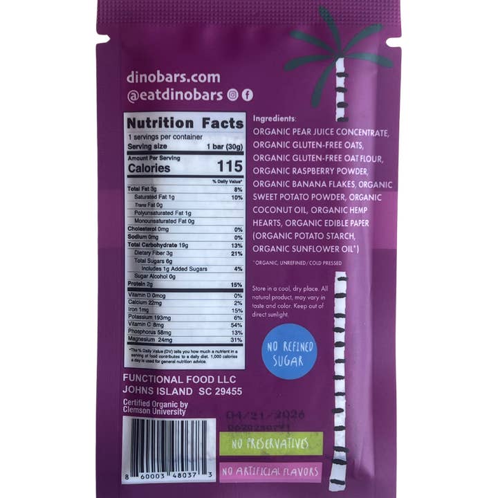 DINO BARS - Vente Barres de céréales - DINO BARS Patate Douce Framboise | Pack de Vente | 10 Unités5