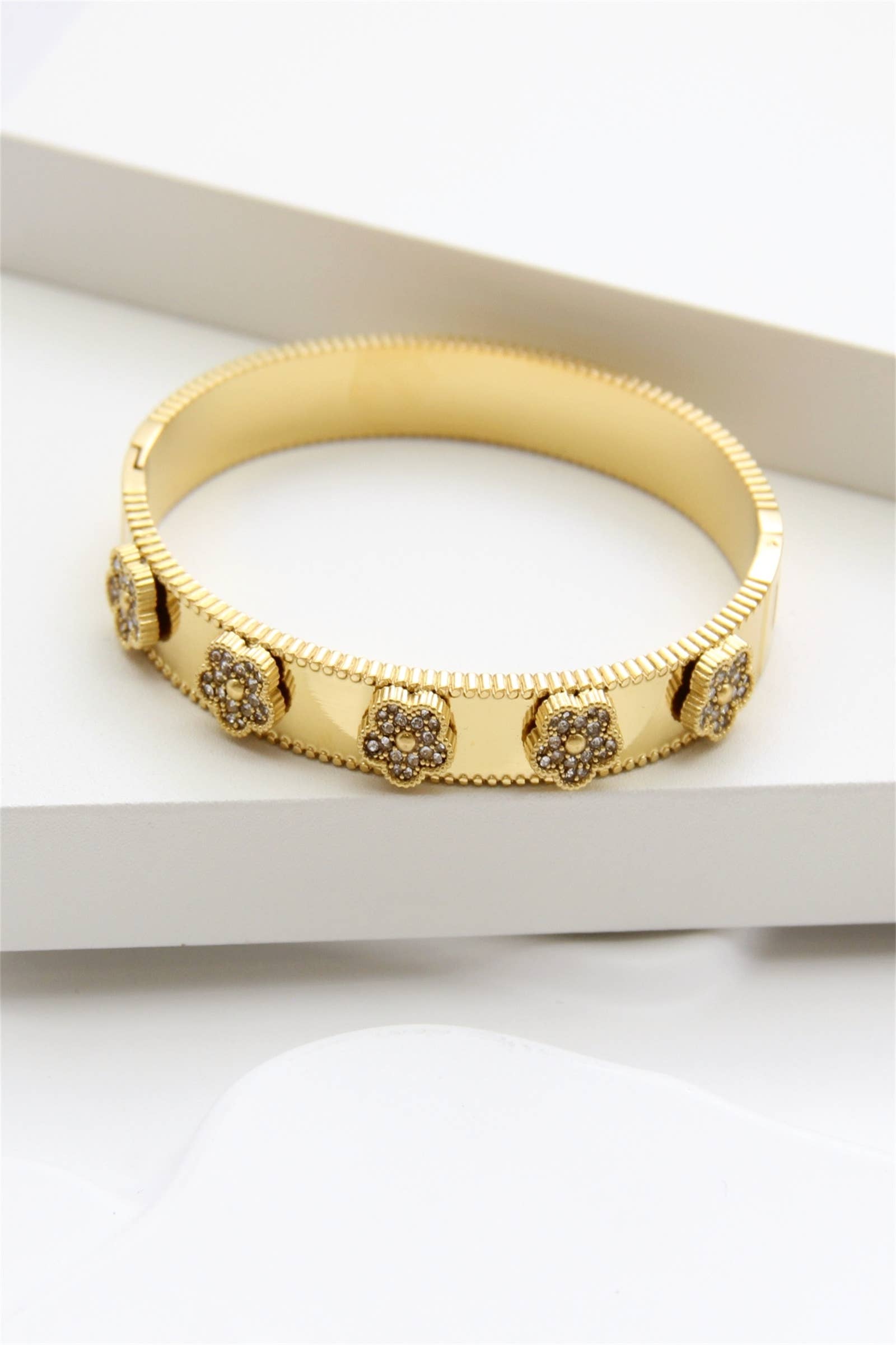 Gold Golden Stainless Steel Bangle Bracelet with Flower Rhinestones for wholesale on Faire2