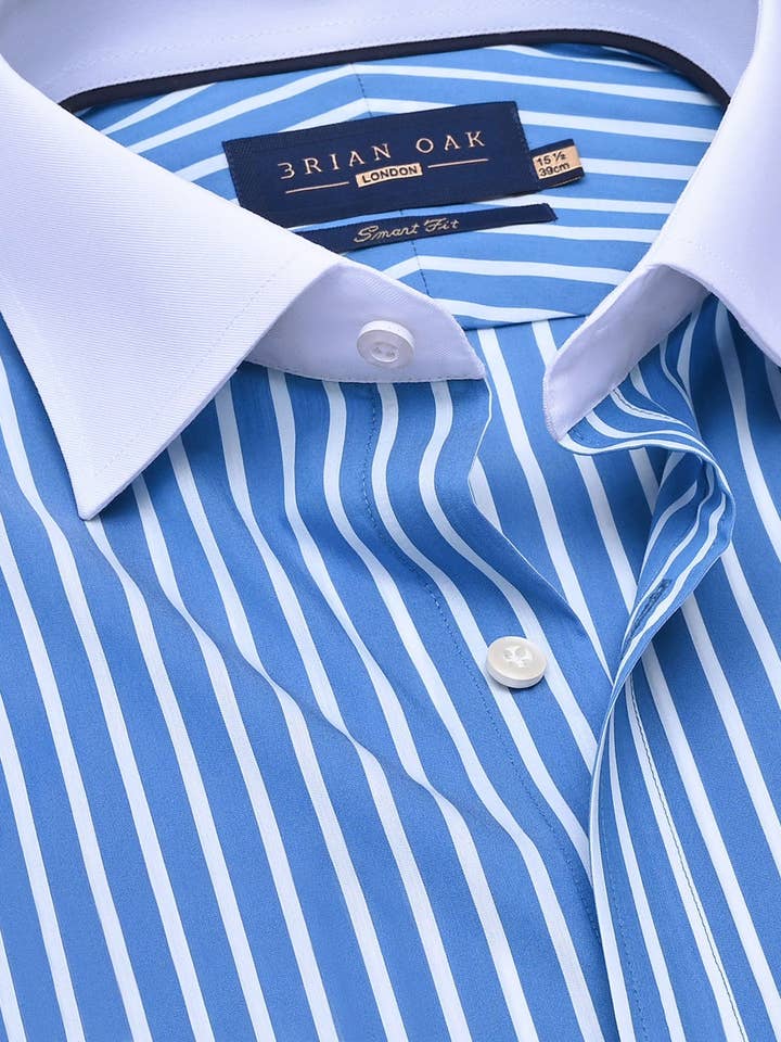 Camisa às Riscas com Gola Contrastante Azul e Branco por atacado de Brian Oak Limited