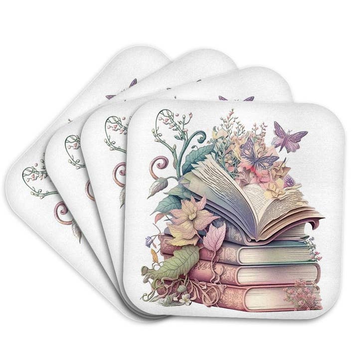 3dRose, Pretty Floral Stack Of Books Illustration, Coaster for wholesale by 3dRose