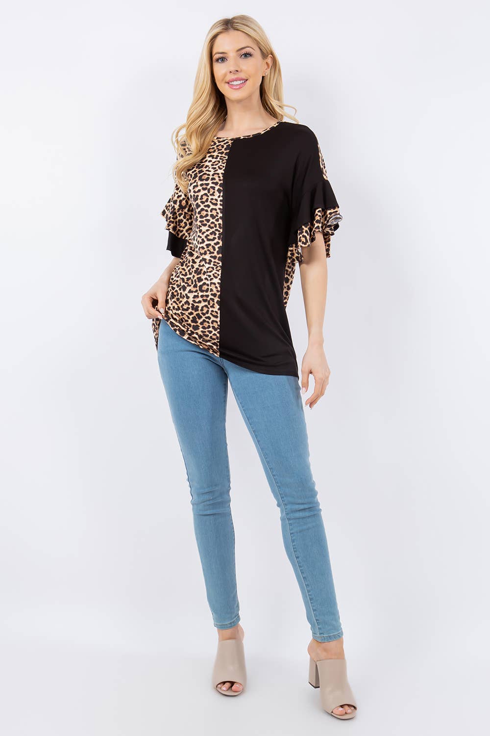 Celeste Clothing – wholesale Blouse – Women’s – ANIMAL PRINT CONTRAST TOP WITH RUFFLE SLEEVES -CT43831B4
