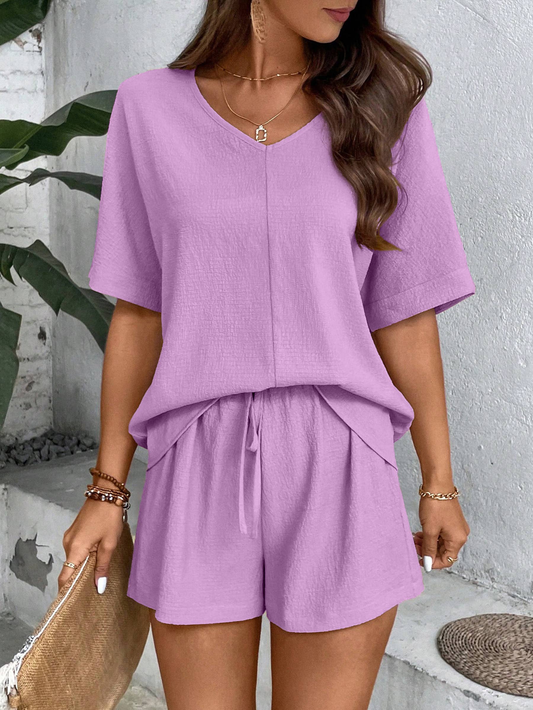 Wholesalesir - Wholesale Lounge Set - Women's - Short Sleeved Collar Bat Sleeve Shirt And Shorts Set0