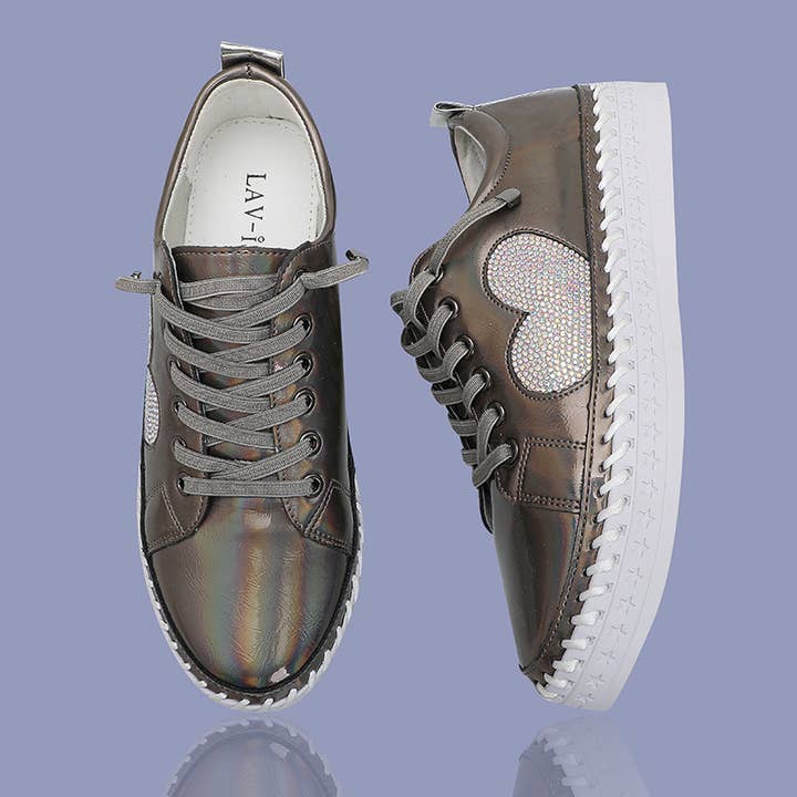 Pewter Embellished Heart Sneakers for wholesale by LAV-iSH