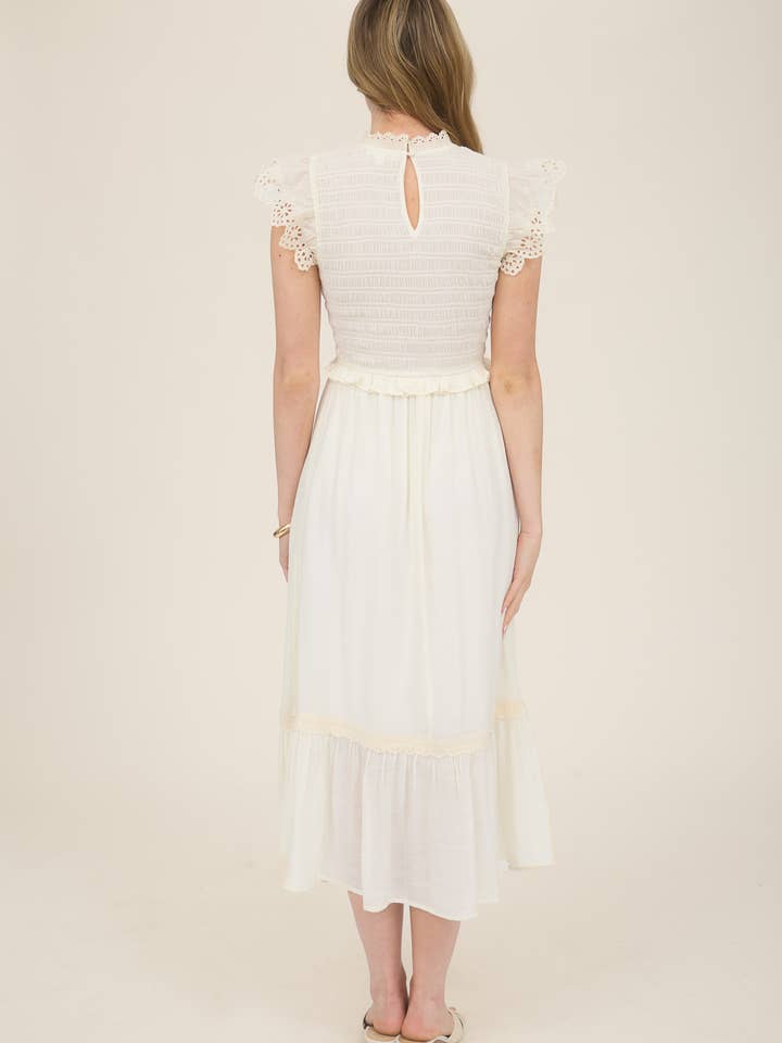 Blu Pepper - Wholesale Dress - Women's - SMOCKED EYELET TRIM RUFFLE DETAIL MIDI DRESS