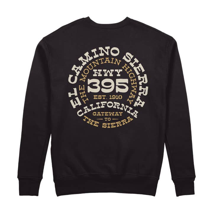 El Camino Sierra, Highway 395 Crewneck Black for wholesale by Wyld & Roam
