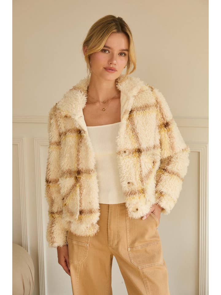 Cream Yellow Faux Sherpa Plaid Button Down Shirt Jacket for wholesale on Faire2