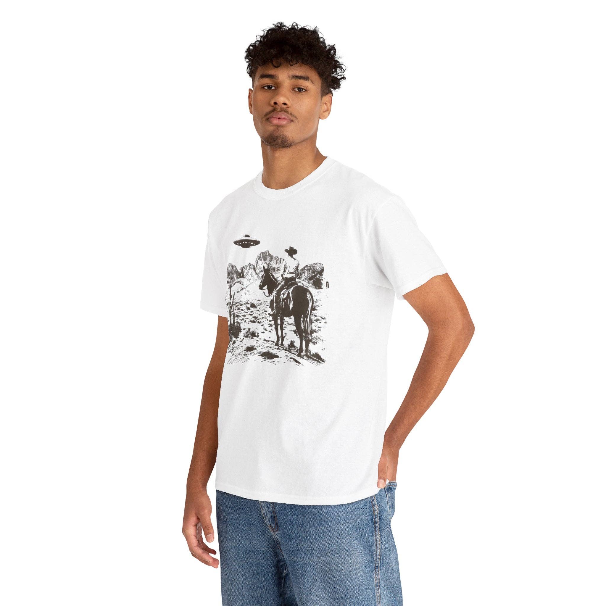 KILLER RETRO - Wholesale Screen Printed T-Shirt - Unisex - Retro UFO and Cowboy Western Graphic Tee.4