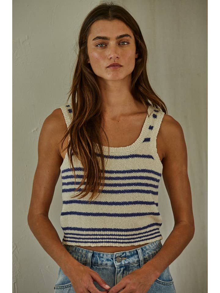 By Together - Wholesale Tank Top - Women's - W1858 | Knit Sweater Cotton Striped Round Neck Tank Top
