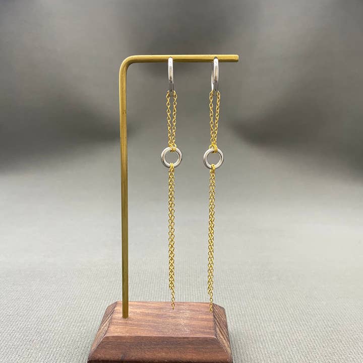 Mio Queena - Wholesale Huggie earrings - 18K Golden Chain Fringe SS Double Loop Huggie Earrings - FGS3