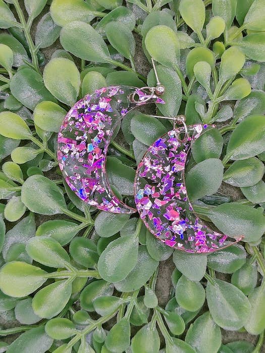 Crescent Moon Ball Stud Earrings Pink Large Glitter Flakes in Clear Acrylic for wholesale by Greyrose Co