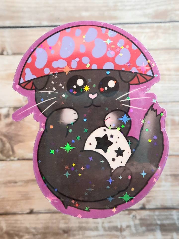 Pegatina con forma de hongo y gato, pegatina negra con forma de gato para botella de agua para venta al por mayor de Unsupervised Art