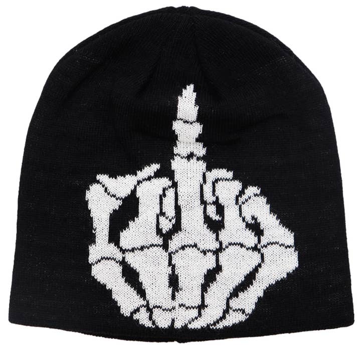 Cap Zone - Wholesale Beanie - Women's - Middle Finger Up Skeleton Classic Short Beanie