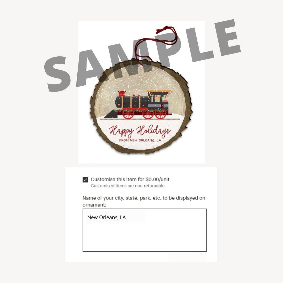Nelson Gifts Wholesale - Wholesale Ornament - PERSONALIZED Train "Happy Holidays" Vintage Wood Ornament1