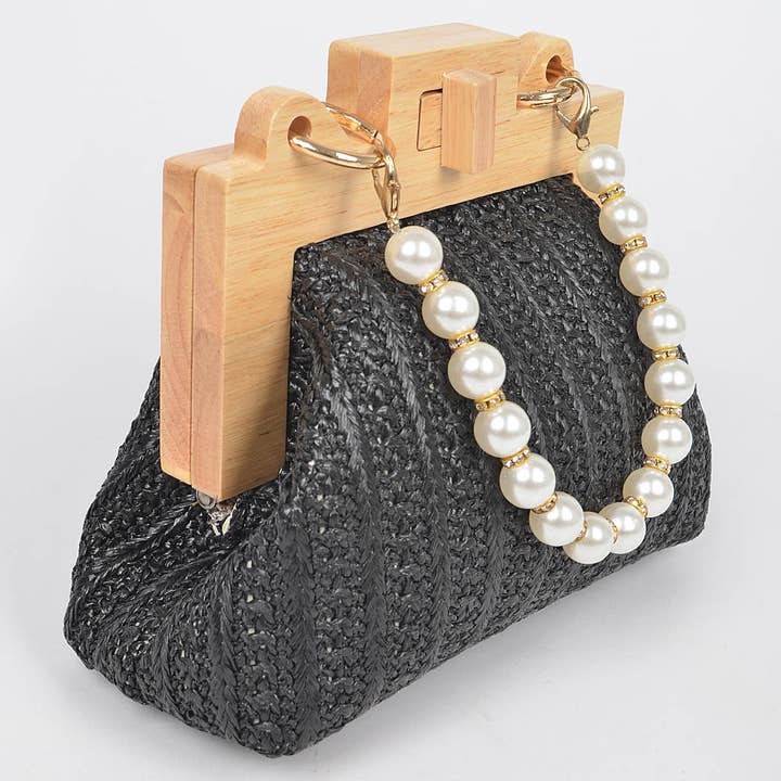 3AM BY H&D ACCESSORIES - Wholesale Clutch Bag - Women's - Faux Straw Wood Frame Clutch W/ Faux Pearl Chain
