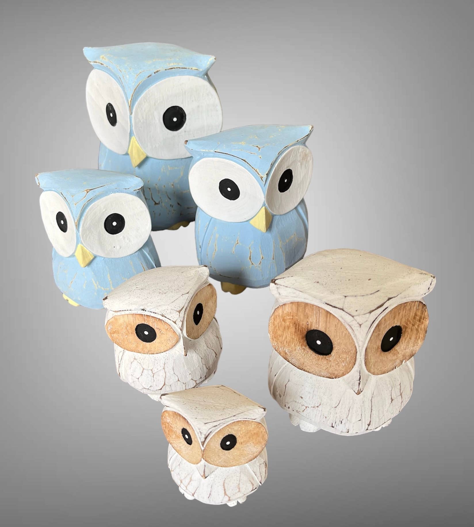 Batik Indah - Vendita all'ingrosso Statuette decorative - Gufo intagliato in legno dipinto, set da 3 pezzi, piccolo Da Bali2