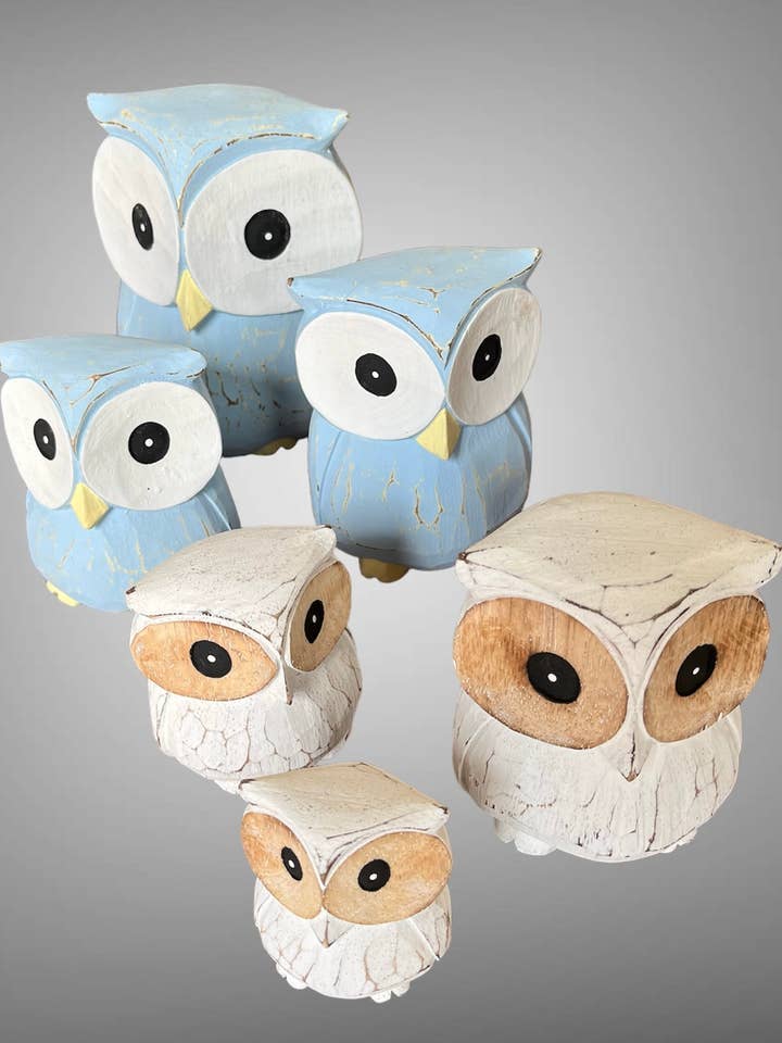 Wooden painted carved set of owls - large - from Bali. for wholesale by Batik Indah